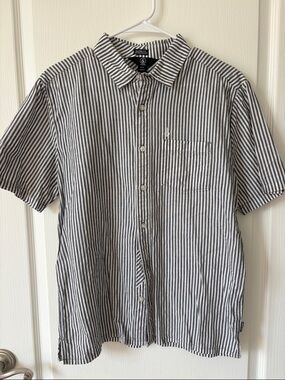 Volcom Black and White Striped Short Sleeve Button-Up Shirt